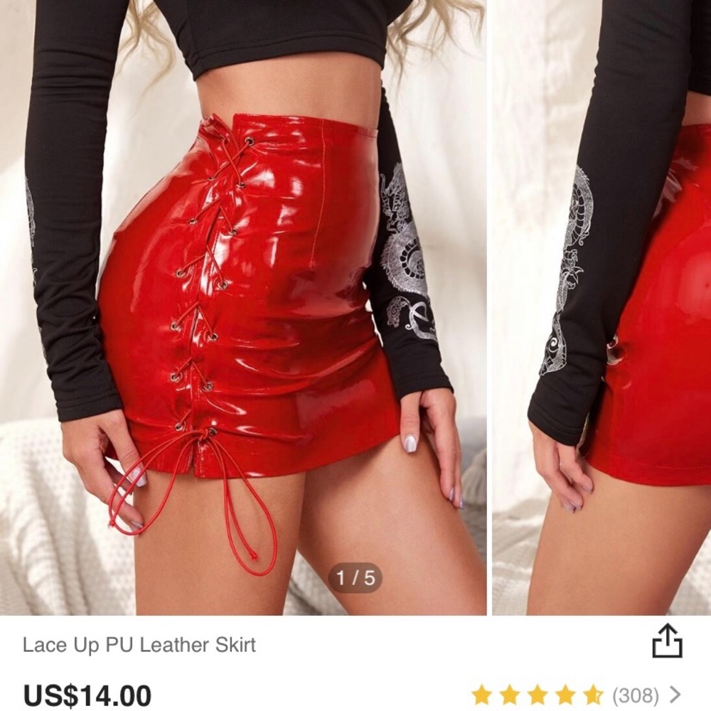 Red lace up Leather Skirt